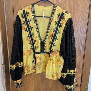 Free People Boho V-Neck Lace Floral Blouse "Boogie all Night" Black/Yellow-S